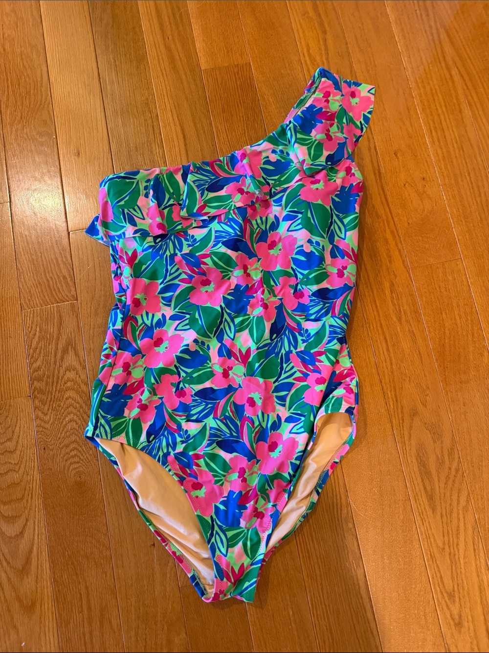 J. Crew One-Shoulder Floral Swim One-Piece in Pink, Green & Blue